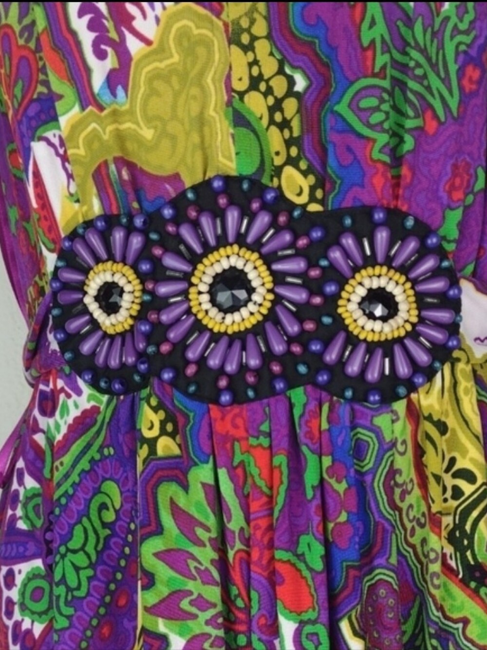 Vibrant Purple Orange Yellow & Green Paisely Racerback Designer Maxi Dress XL